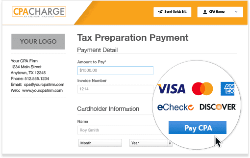 CPACharge software integration mockup, showing a tax preparation payment screen